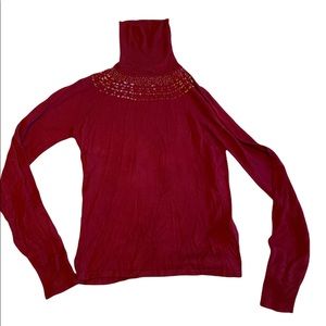 Vintage Maroon Turtleneck Sweater w/ Beaded Chest Detail | Size M